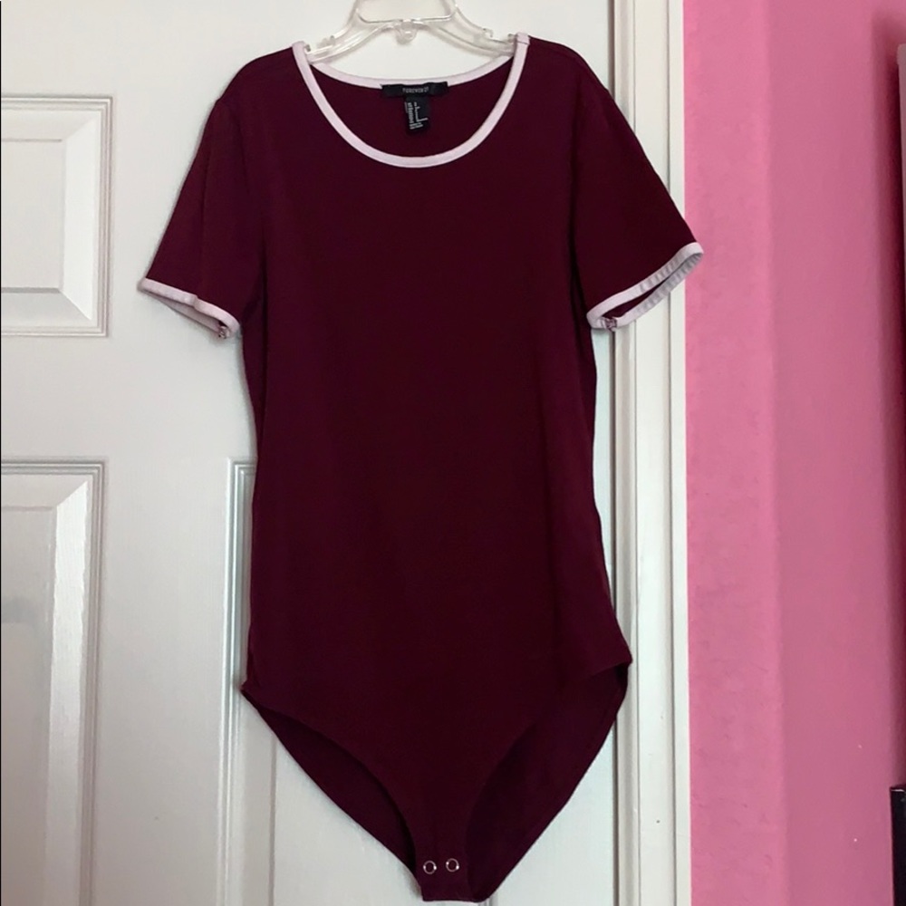 maroon and white short sleeved body suit